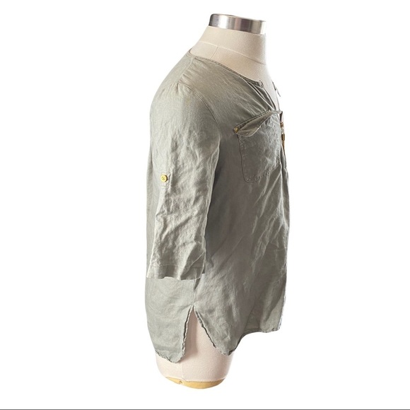 Ellen Tracy Green 100% Linen Soft Gold 1/4 Zip Pull 3/4 Sleeve Tunic Blouse Sm - Picture 7 of 8